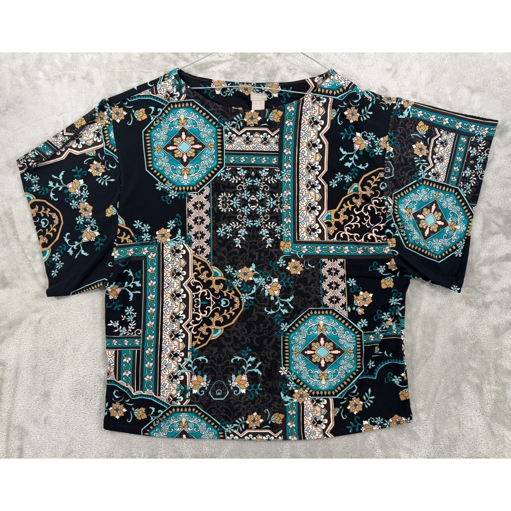 Chicos Top Womens‎ XL Black Kimono Sleeve Floral Medallion Boho Artsy Maximalism